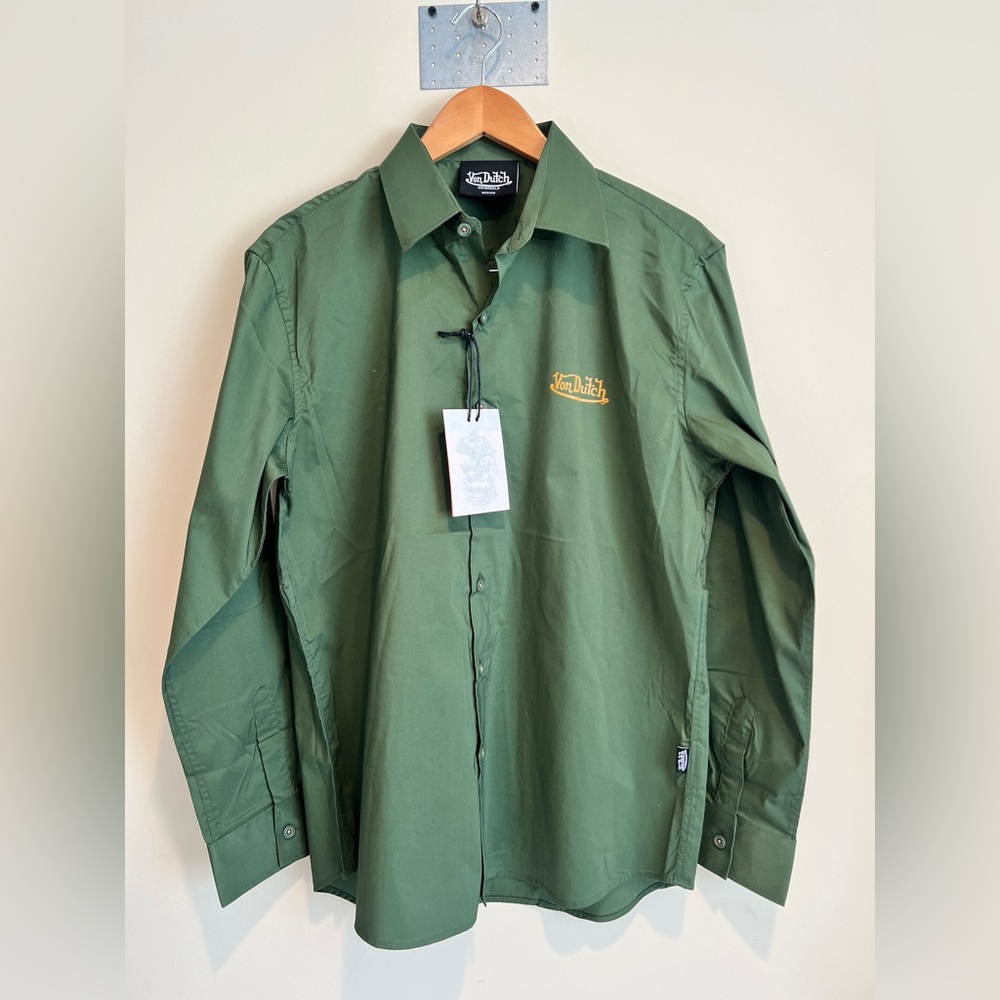 Von Dutch Originals Work Shirt Size Medium  Green Graphics Print Biker NTW